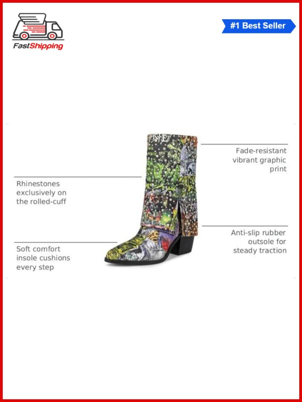 ✨Krylinette Graphic Print Rhinestone Mid Calf Denim Boots Chunky Heel Western - Picture 4 of 6